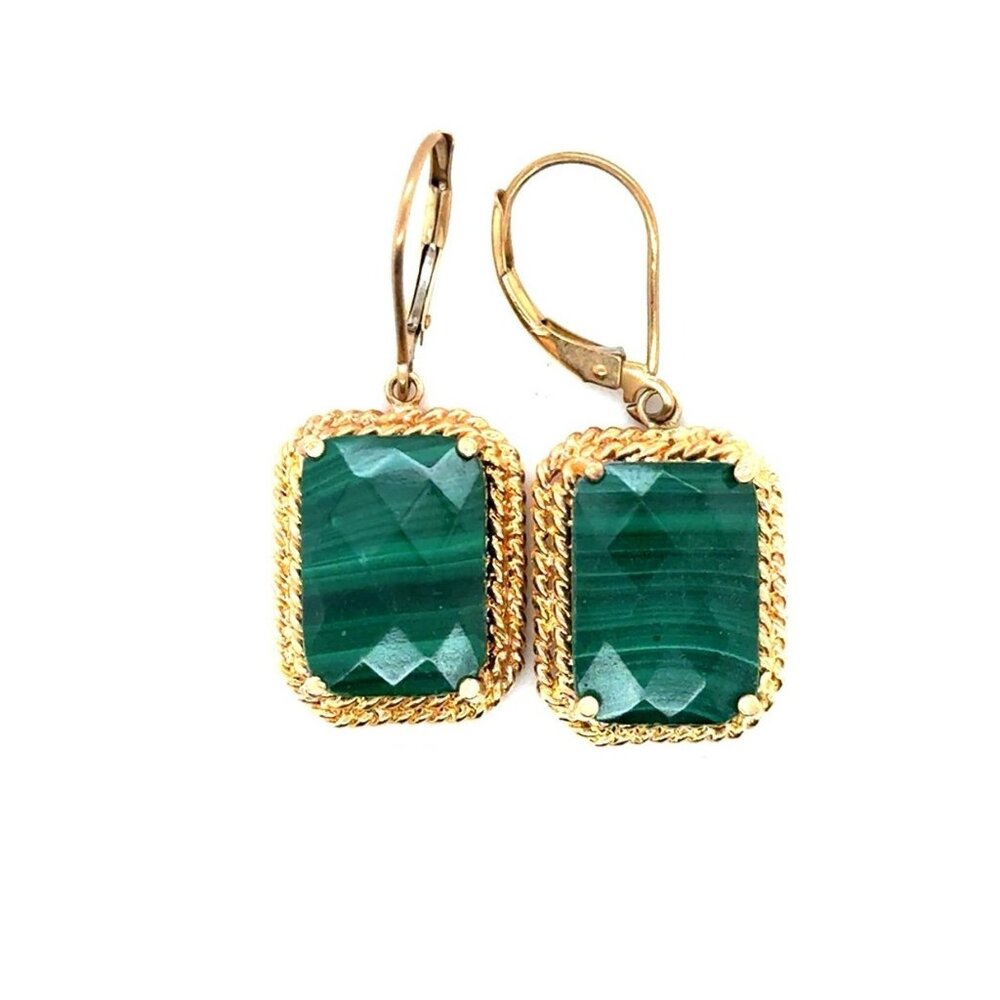 Stunning Large 14K Gold Malachite Dangle Earrings